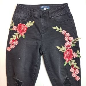 Floral Applique Black Denim Jeans